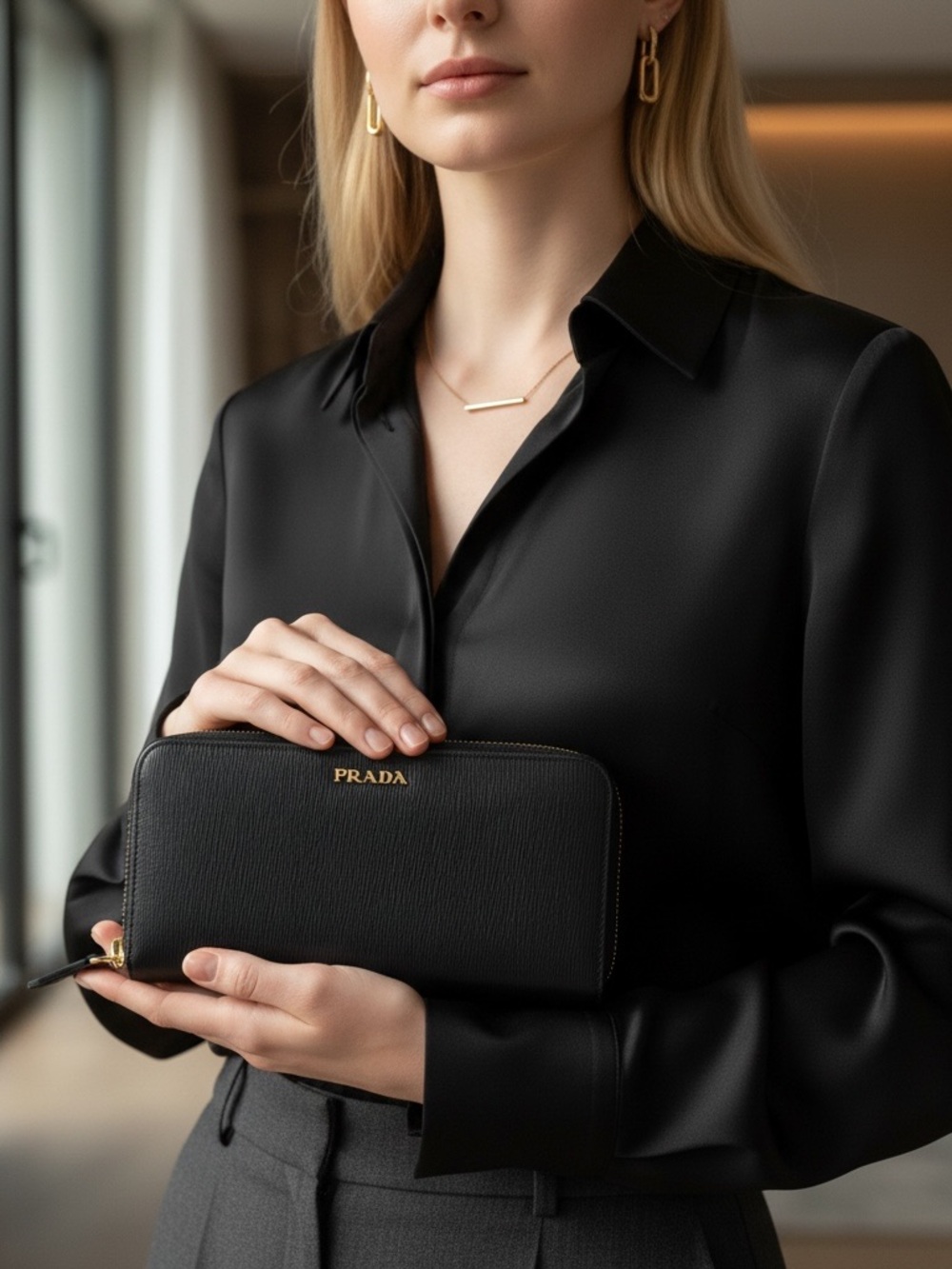 Black Prada Saffiano Zip-Around Clutch with Gold Logo